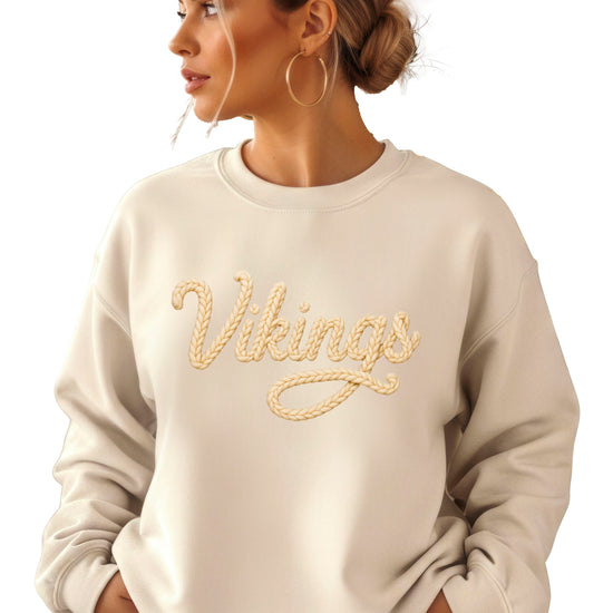 Vikings yarn script school spirit crewneck sweatshirt in Sand, front view