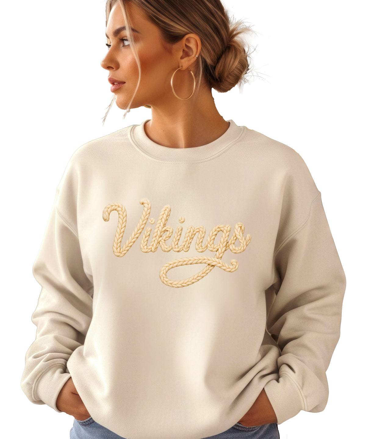 Vikings yarn script school spirit crewneck sweatshirt in Sand, front view