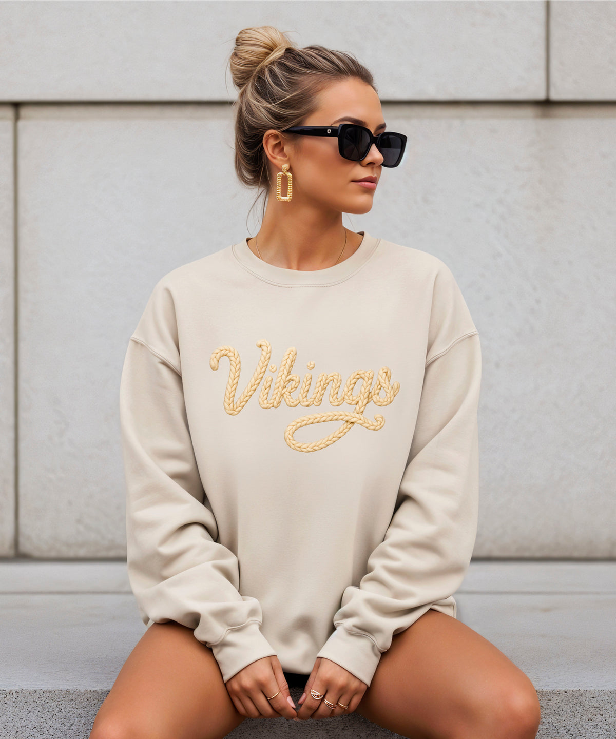 Vikings yarn script school spirit crewneck sweatshirt in Sand, lifestyle view