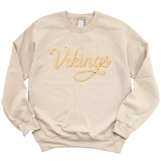 Vikings yarn script school spirit crewneck sweatshirt in Sand, styled view