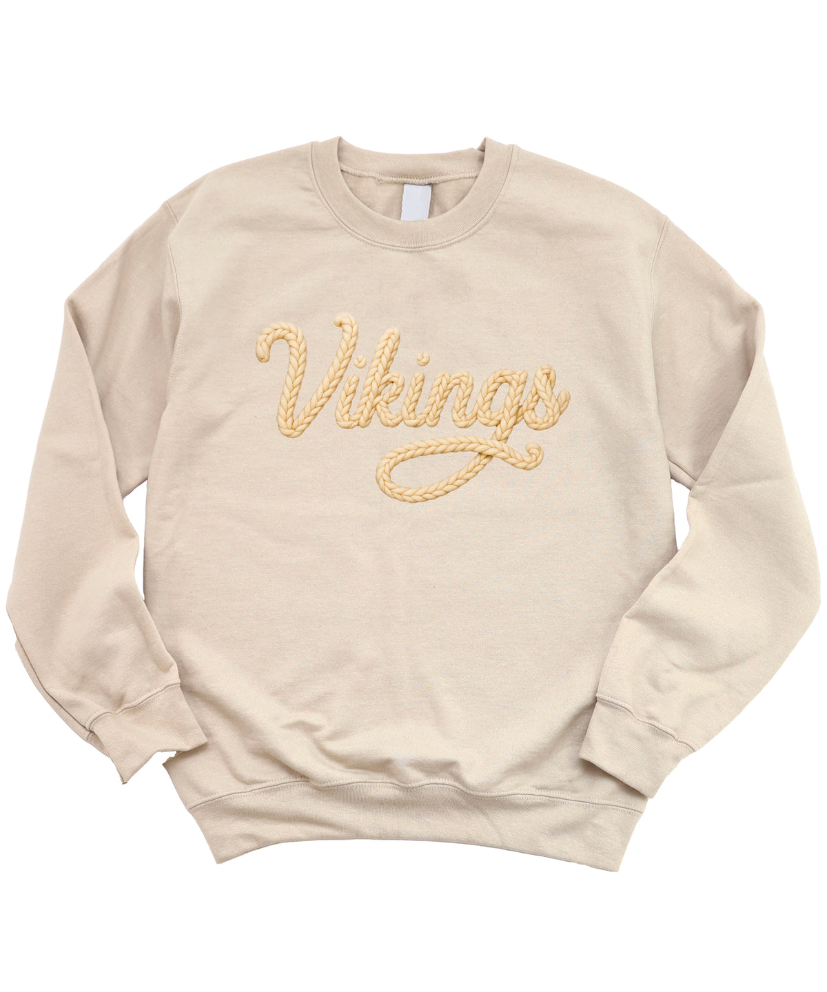 Vikings yarn script school spirit crewneck sweatshirt in Sand, styled view