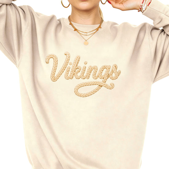 Vikings yarn script school spirit crewneck sweatshirt in Sand, detail view