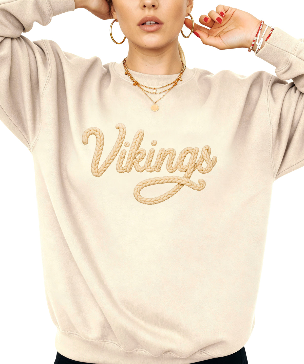 Vikings yarn script school spirit crewneck sweatshirt in Sand, detail view