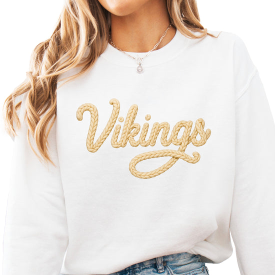 Vikings yarn script school spirit crewneck sweatshirt in White, front view