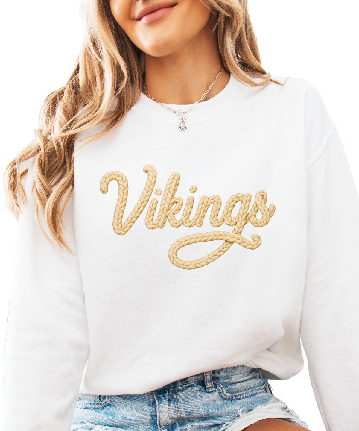 Vikings yarn script school spirit crewneck sweatshirt in White, front view