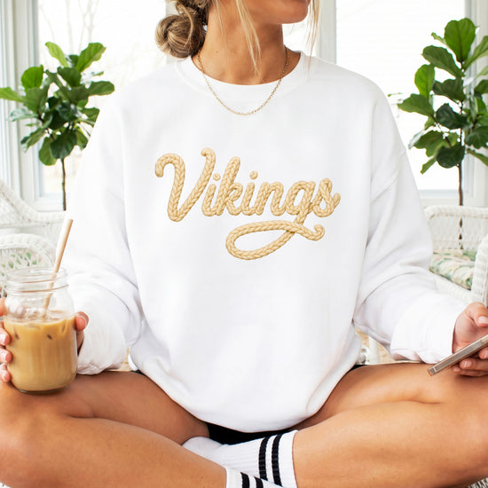 Vikings yarn script school spirit crewneck sweatshirt in White, lifestyle view