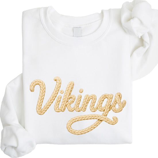 Vikings yarn script school spirit crewneck sweatshirt in White, styled view