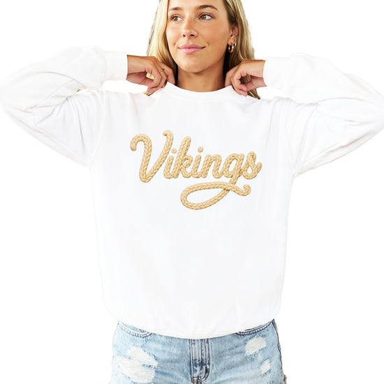 Vikings yarn script school spirit crewneck sweatshirt in White, detail view