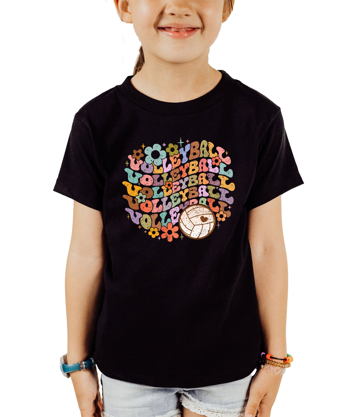 Retro floral volleyball shirt, black, youth — image 1 (YB1)