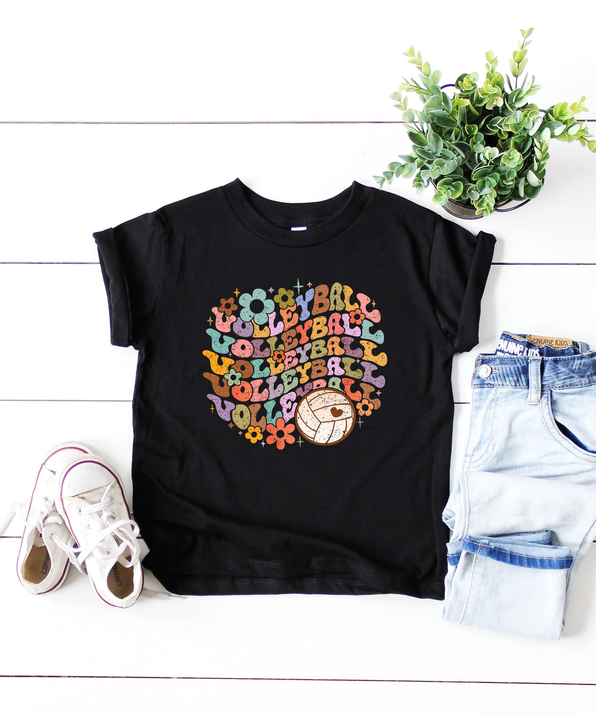 Retro floral volleyball shirt, black, youth — image 2 (YB2)