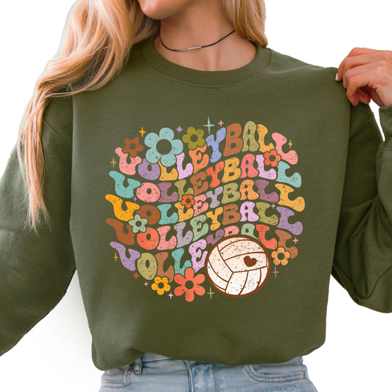 Retro floral volleyball sweatshirt, army green, adult — image 1 (A1)