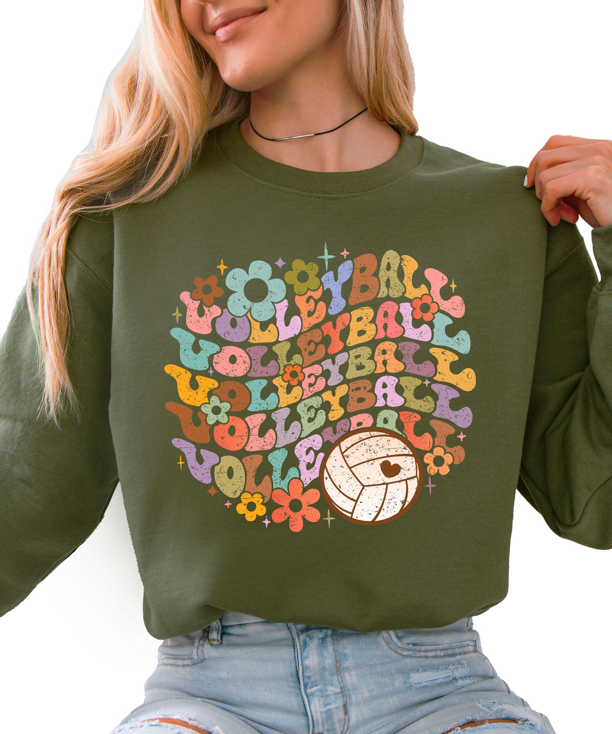 Retro floral volleyball sweatshirt, army green, adult — image 1 (A1)