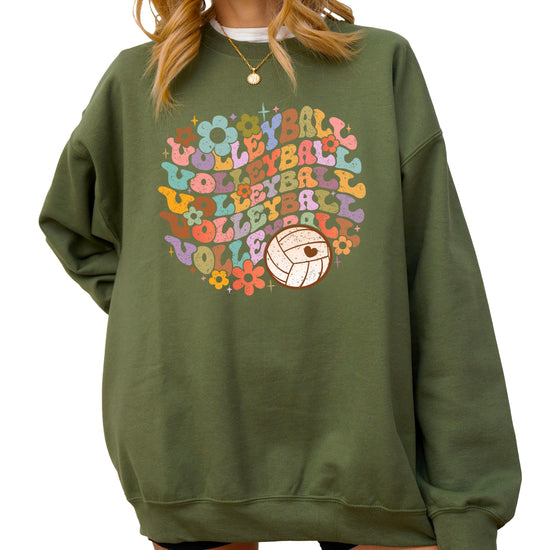 Retro floral volleyball sweatshirt, army green, adult — image 2 (A2)