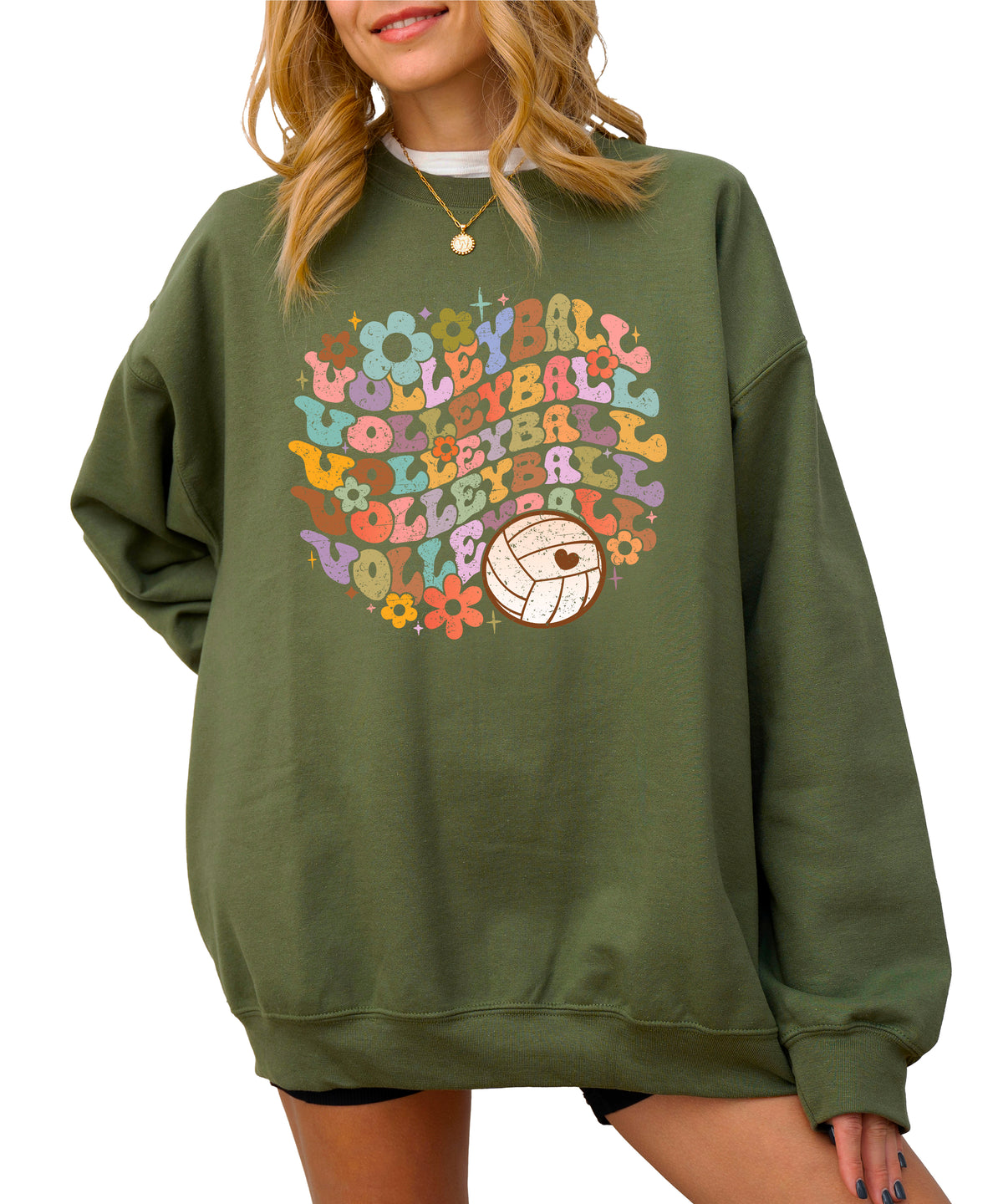 Retro floral volleyball sweatshirt, army green, adult — image 2 (A2)