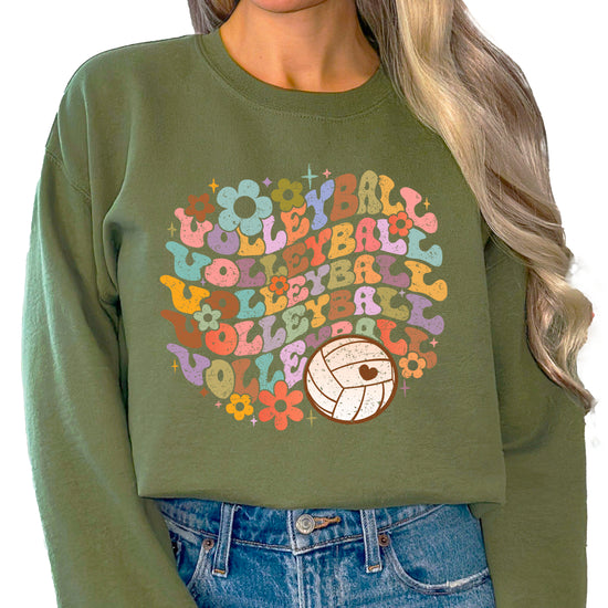 Retro floral volleyball sweatshirt, army green, adult — image 3 (A3)
