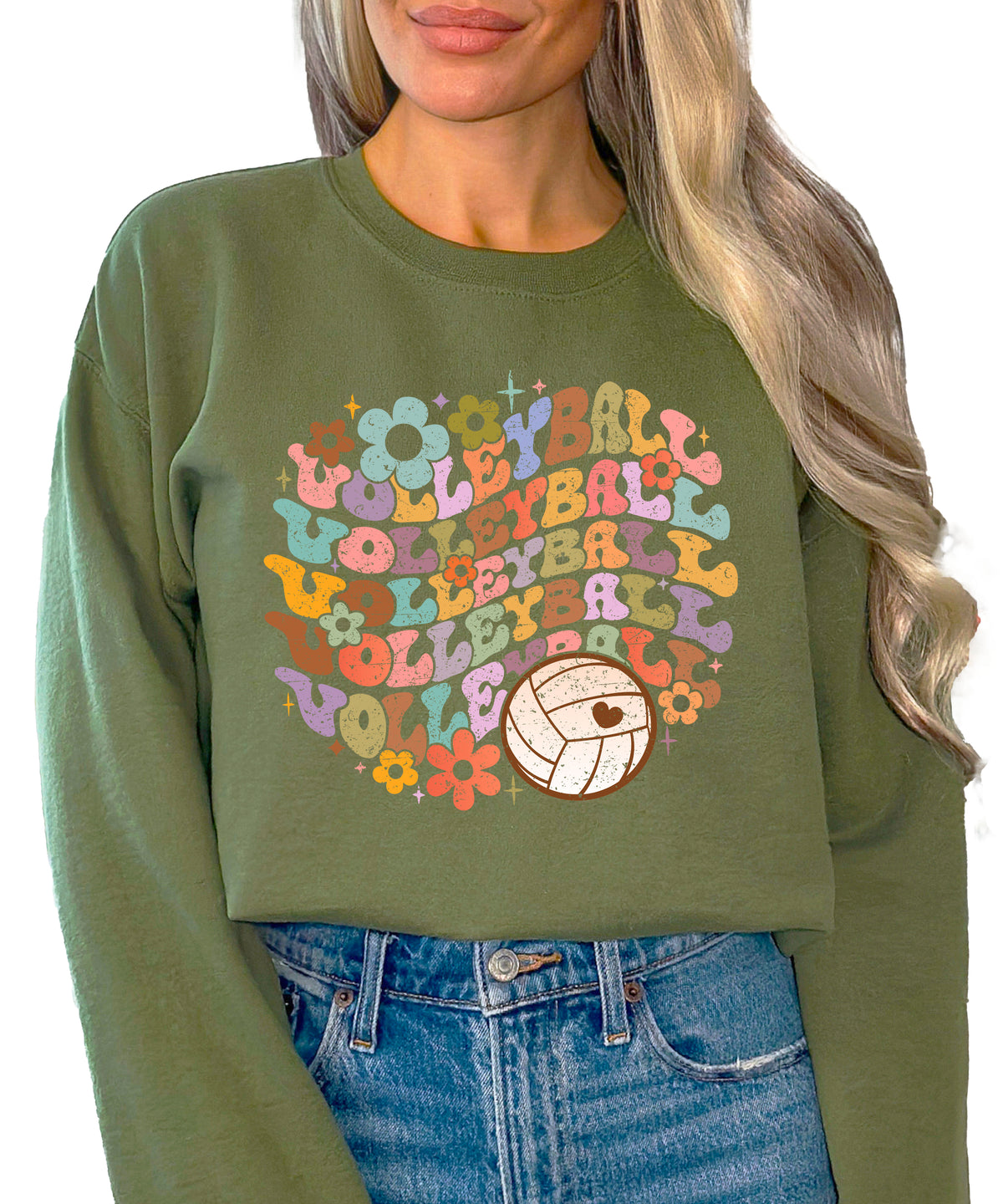 Retro floral volleyball sweatshirt, army green, adult — image 3 (A3)