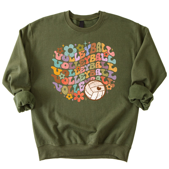 Retro floral volleyball sweatshirt, army green, adult — image 4 (A4)