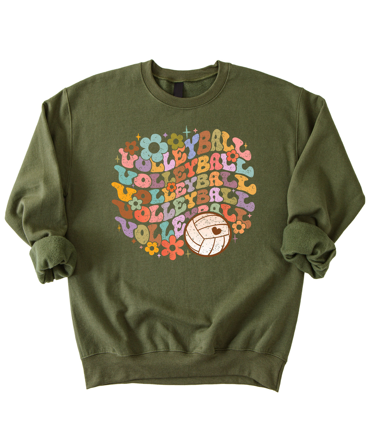 Retro floral volleyball sweatshirt, army green, adult — image 4 (A4)