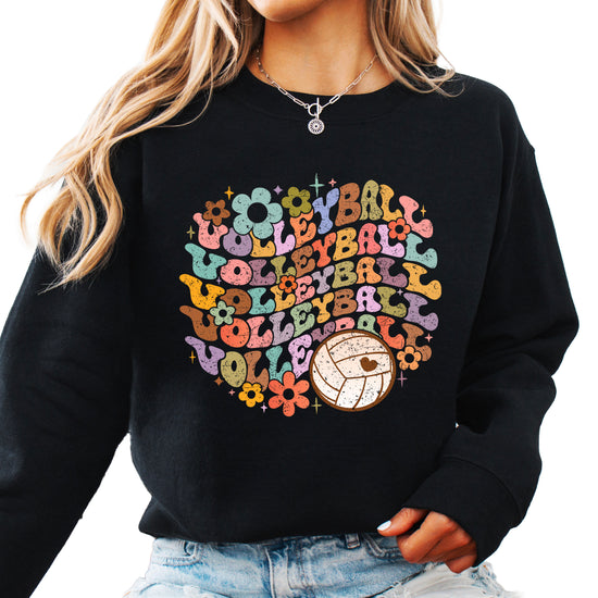 Retro floral volleyball sweatshirt, black, adult — image 1 (B1)