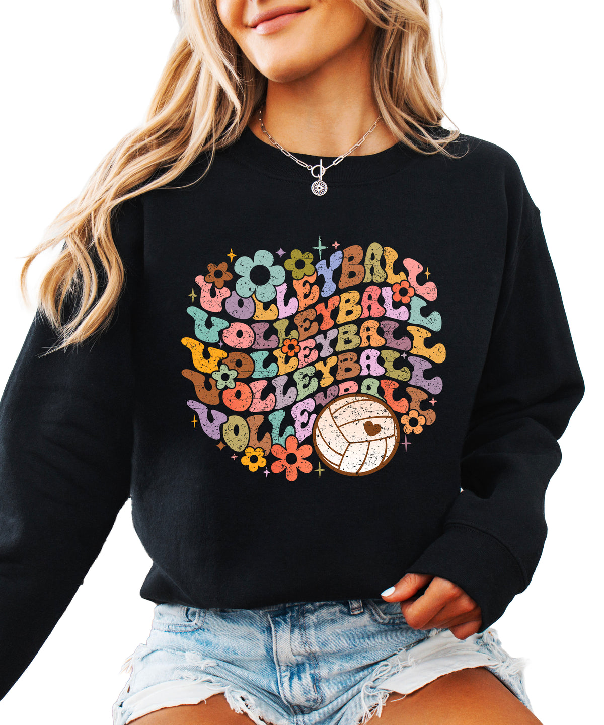 Retro floral volleyball sweatshirt, black, adult — image 1 (B1)