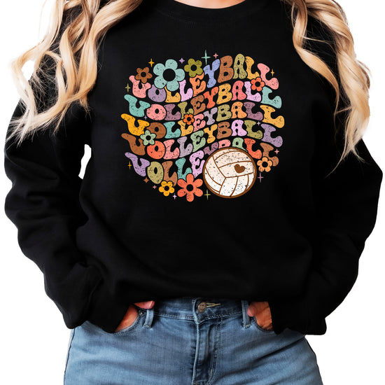 Retro floral volleyball sweatshirt, black, adult — image 2 (B2)
