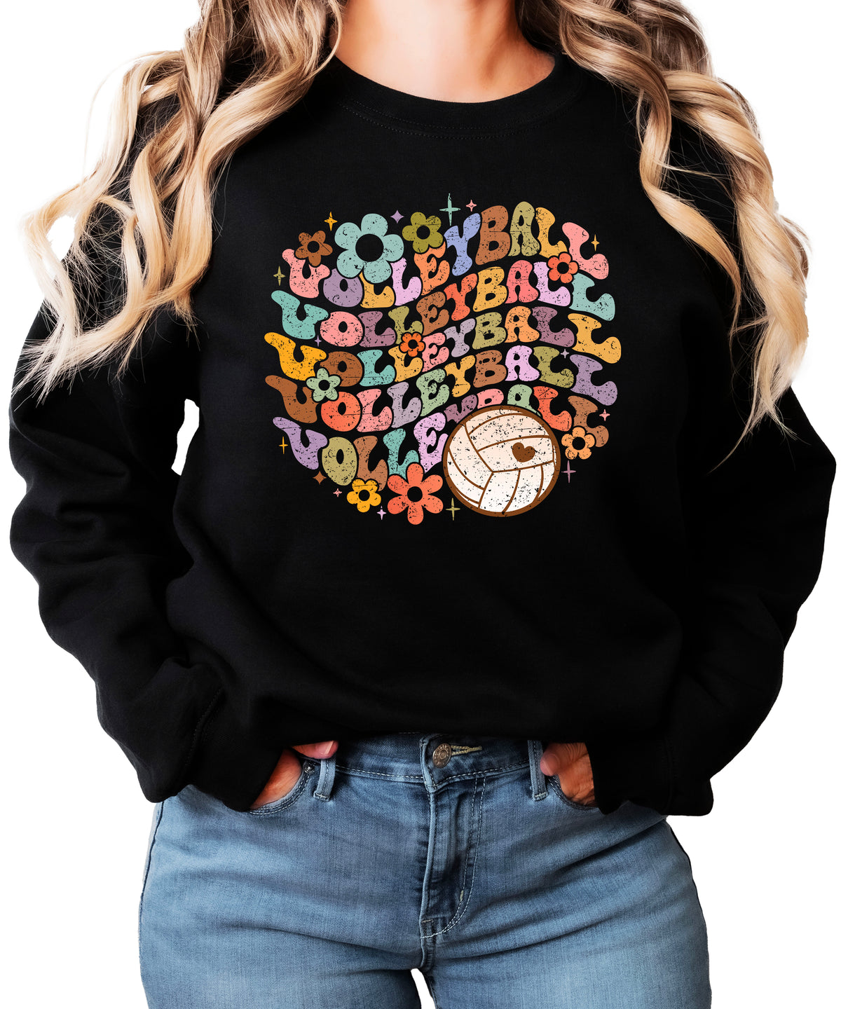 Retro floral volleyball sweatshirt, black, adult — image 2 (B2)