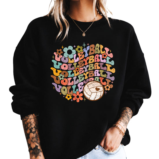 Retro floral volleyball sweatshirt, black, adult — image 3 (B3)