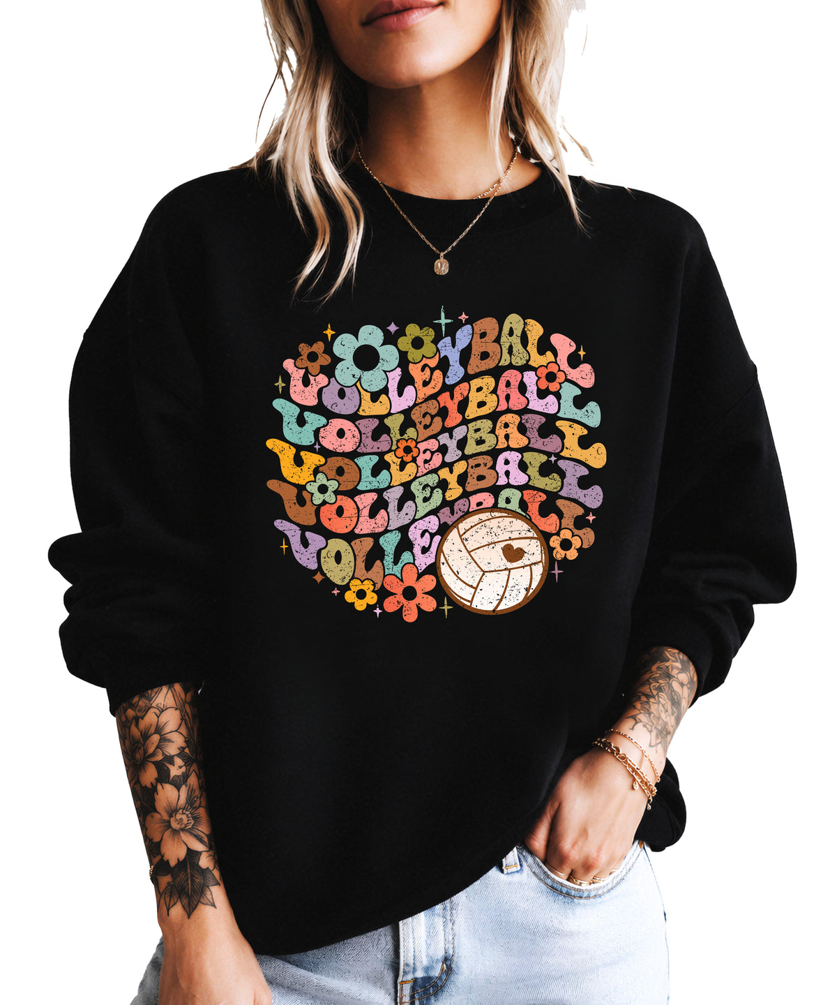 Retro floral volleyball sweatshirt, black, adult — image 3 (B3)