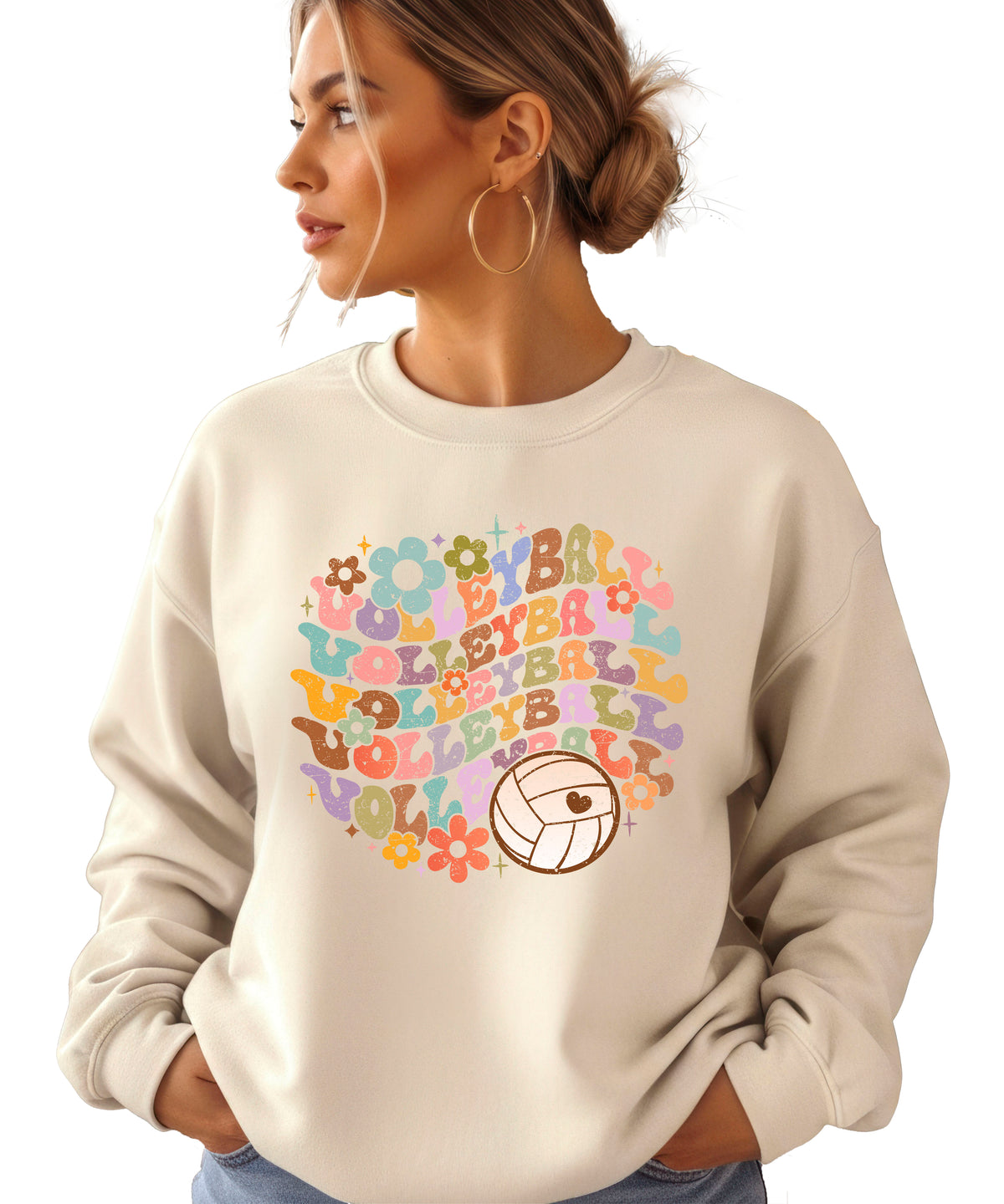 Retro floral volleyball sweatshirt, sand, adult — image 2 (S2)