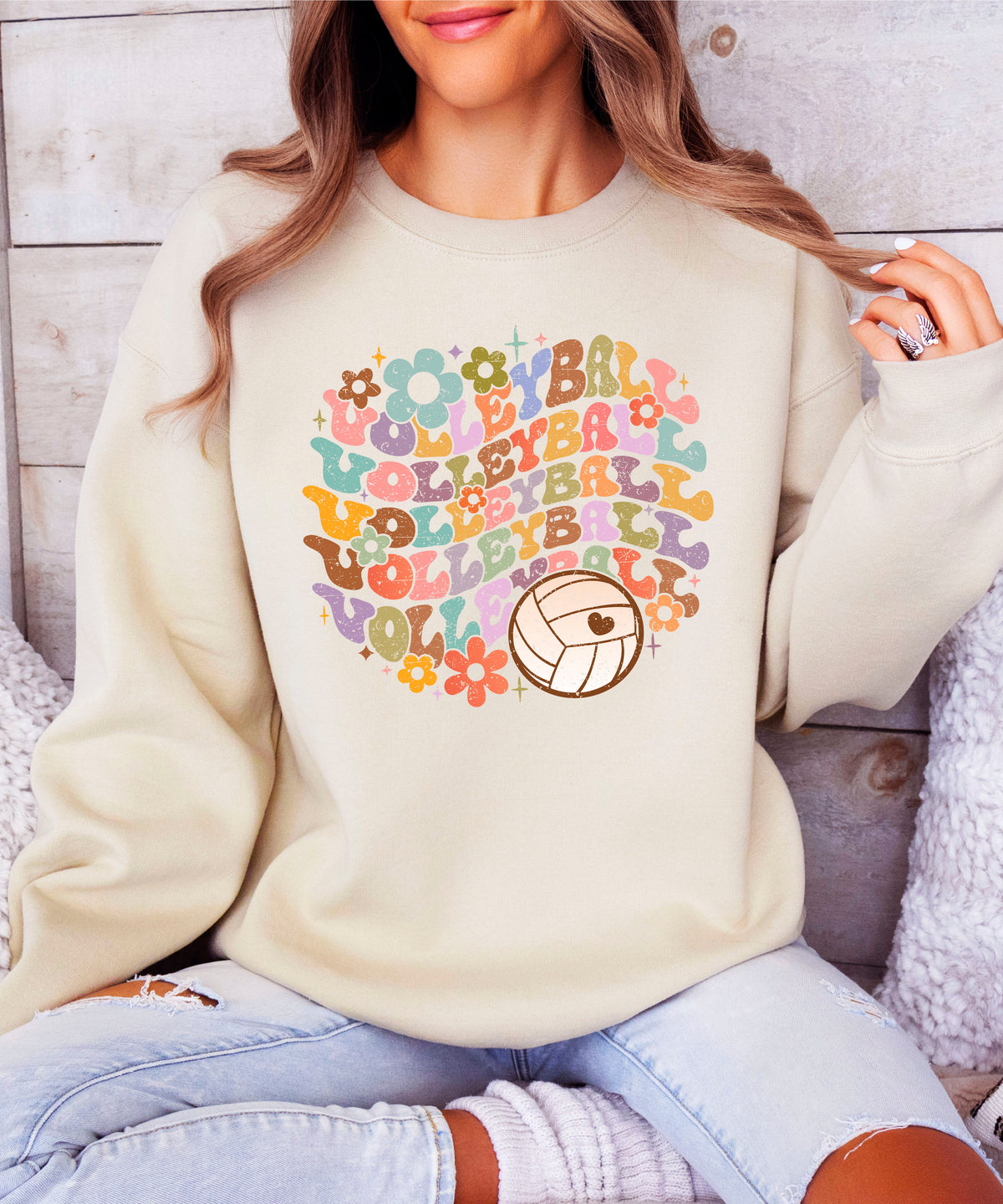 Retro floral volleyball sweatshirt, sand, adult — image 3 (S3)