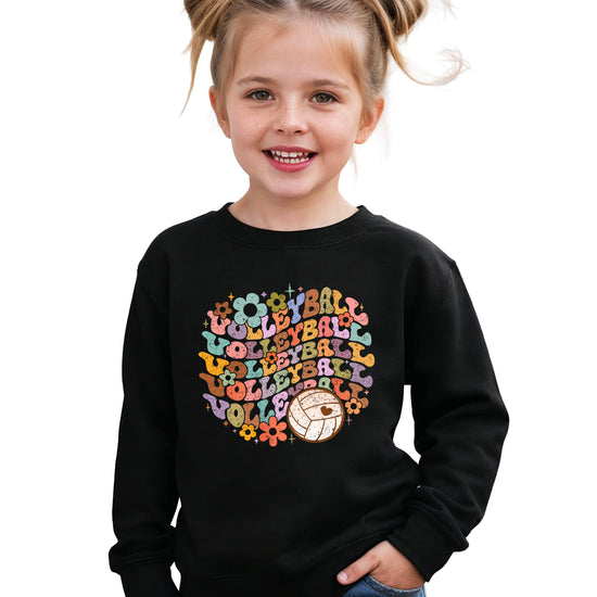 Retro floral volleyball sweatshirt, black, youth — image 1 (YB1)