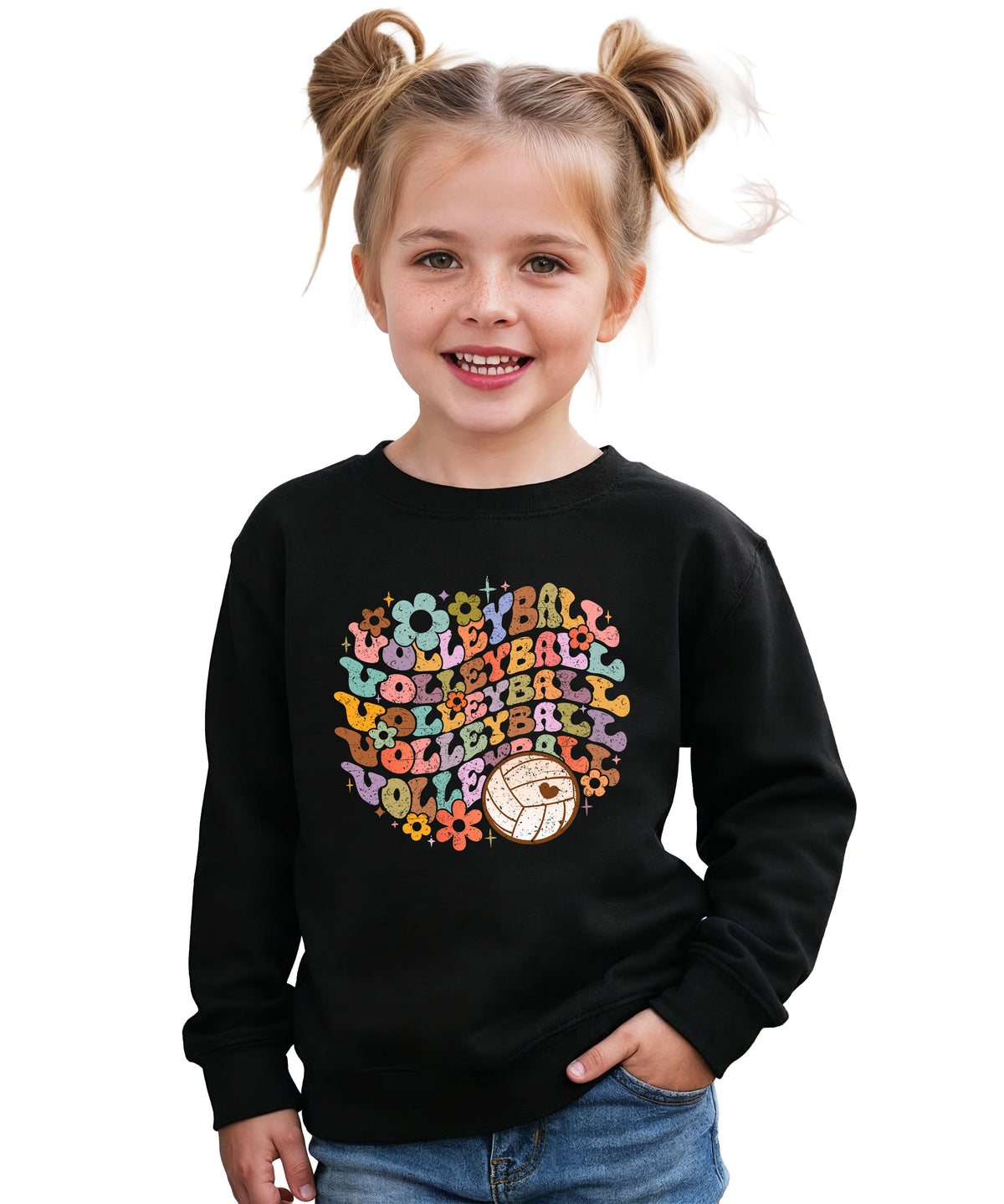 Retro floral volleyball sweatshirt, black, youth — image 1 (YB1)