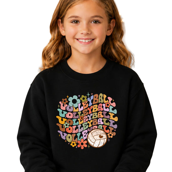 Retro floral volleyball sweatshirt, black, youth — image 2 (YB2)