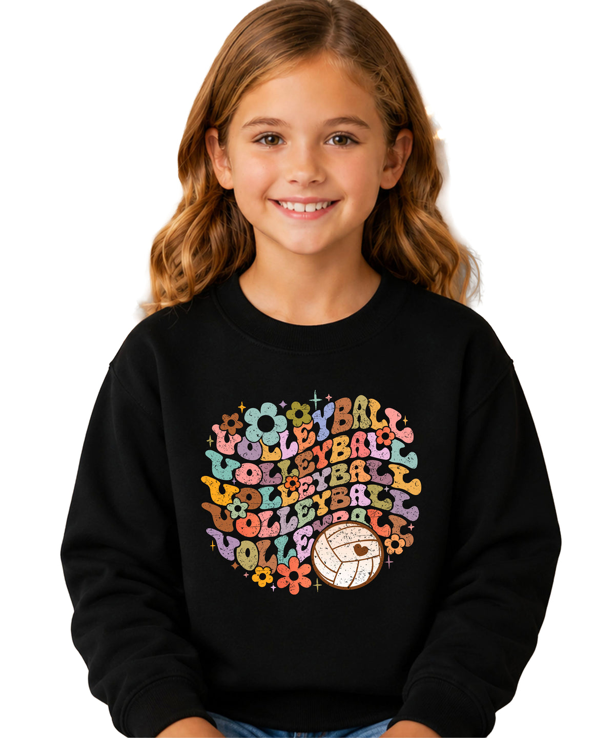 Retro floral volleyball sweatshirt, black, youth — image 2 (YB2)
