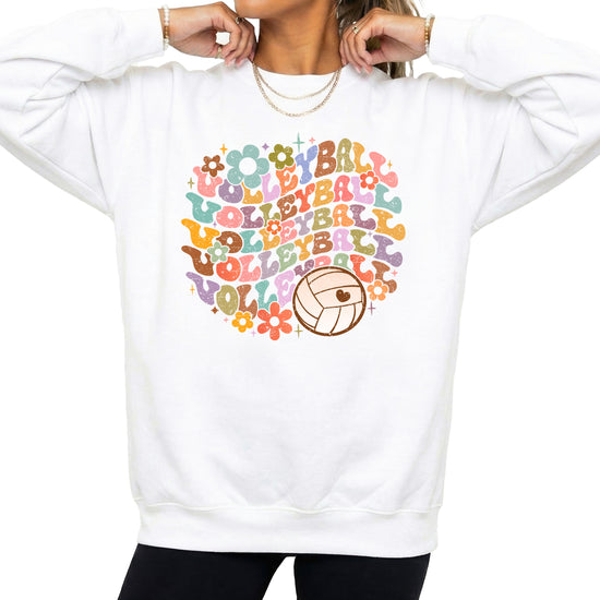 Retro floral volleyball sweatshirt, white, adult — image 1 (W1)