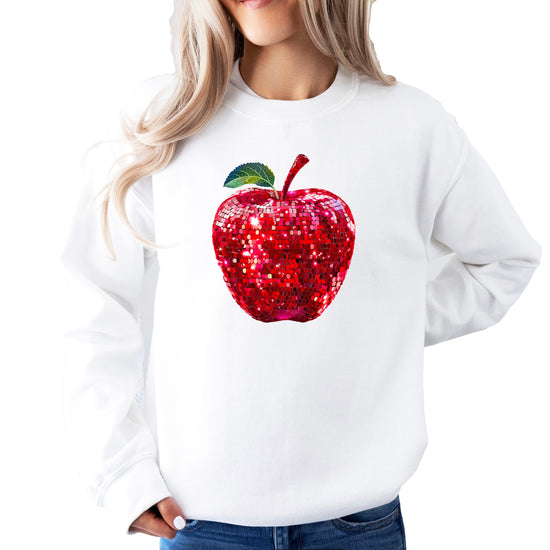Red disco apple faux glitter sweatshirt for women and teachers, white sweatshirt, front view