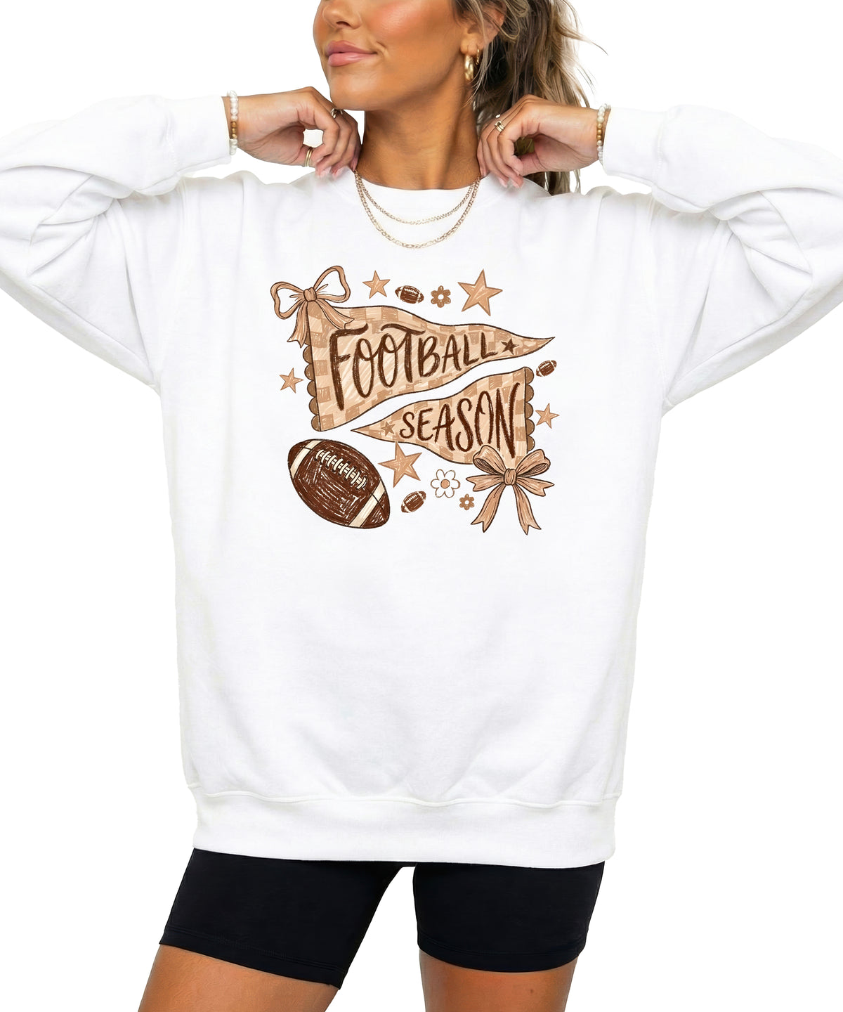 Football Season Coquette Bow Pennant Game Day Crewneck Sweatshirt - White Sweatshirt view 2