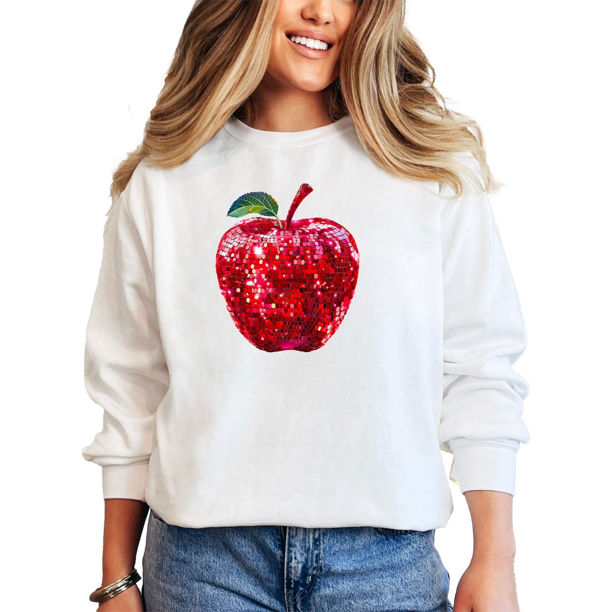 Red disco apple glitter sweatshirt, white sweatshirt, design close up