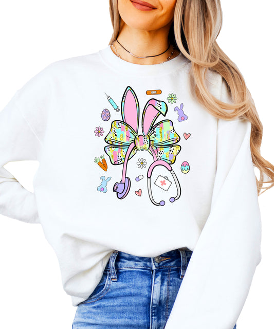 Easter Nurse Sweatshirt - Cute Bunny Bow Stethoscope Graphic
