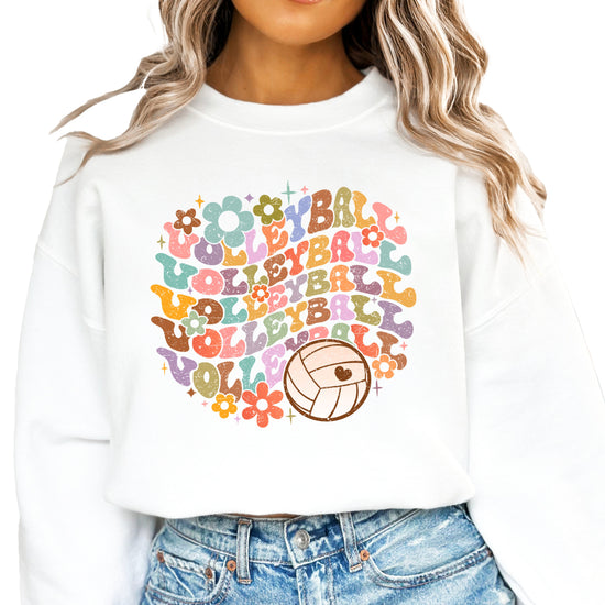 Retro floral volleyball sweatshirt, white, adult — image 2 (W2)