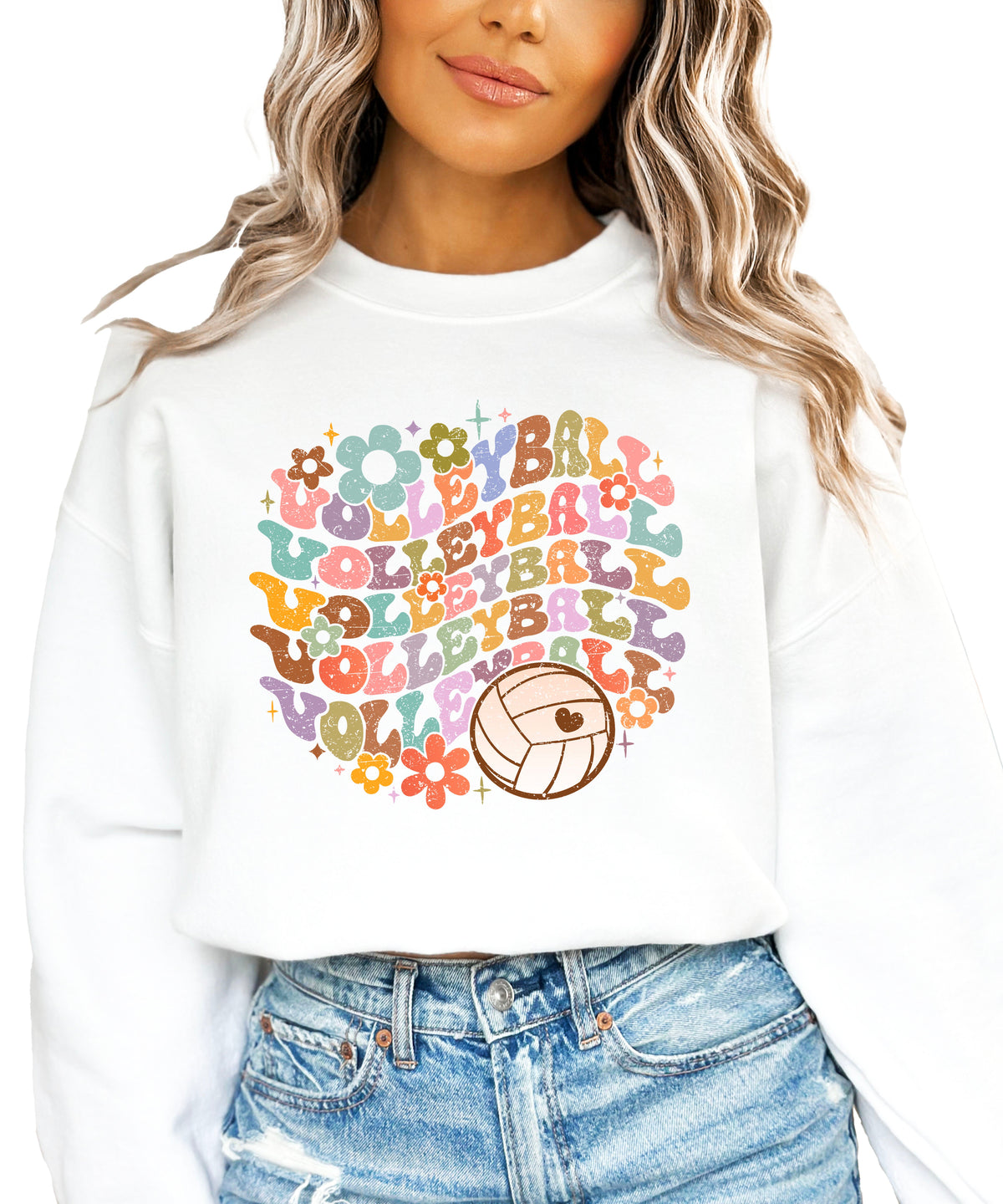 Retro floral volleyball sweatshirt, white, adult — image 2 (W2)