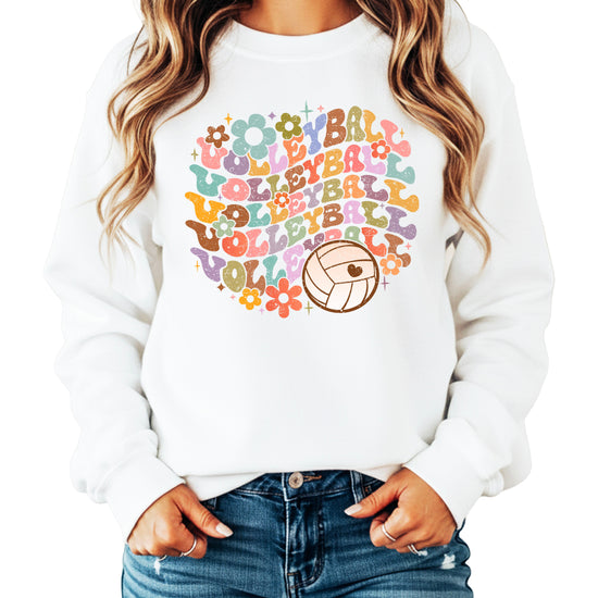 Retro floral volleyball sweatshirt, white, adult — image 3 (W3)