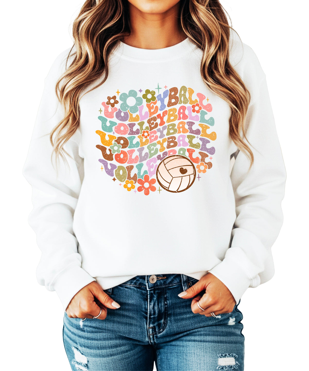 Retro floral volleyball sweatshirt, white, adult — image 3 (W3)