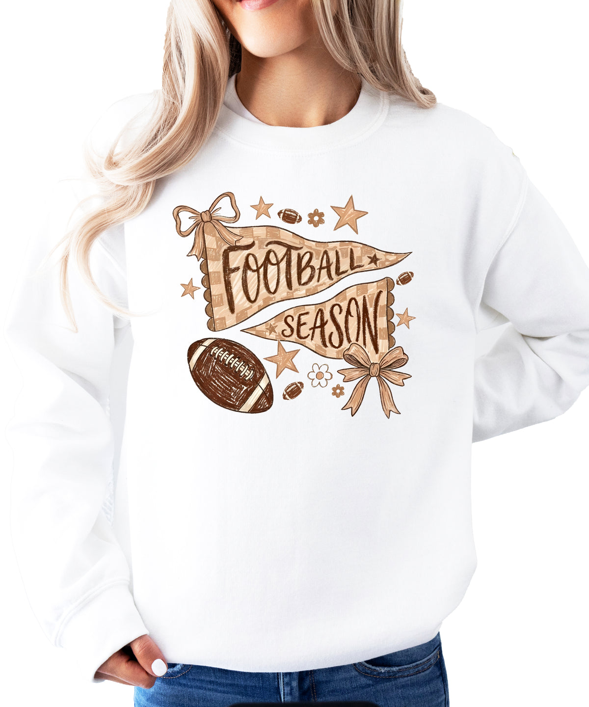 Football Season Coquette Bow Pennant Game Day Crewneck Sweatshirt - White Sweatshirt view 4