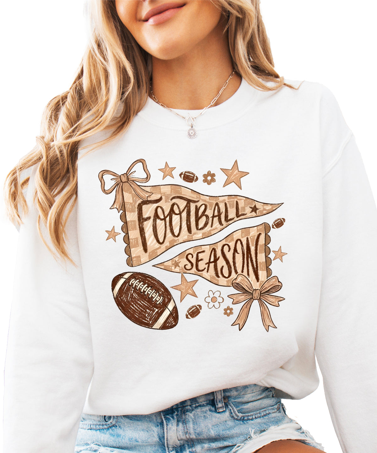 Football Season Coquette Bow Pennant Game Day Crewneck Sweatshirt - White Sweatshirt view 5