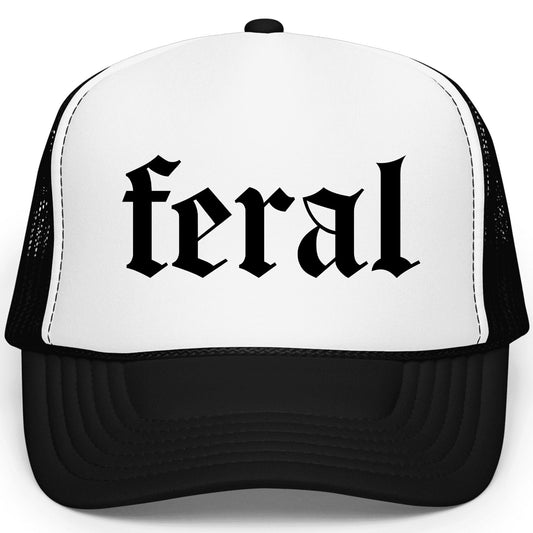 Feral in Gothic Font Trucker Hat Funny Summer Unisex Classic 5 Panel Mesh Snap Back