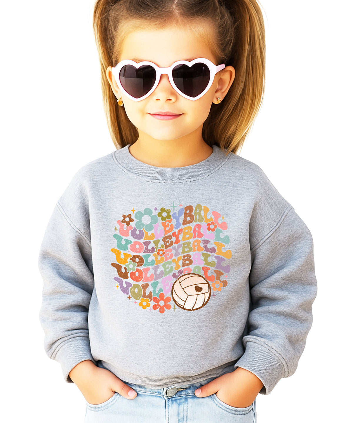 Retro floral volleyball sweatshirt, gray, youth — image 1 (YG1)