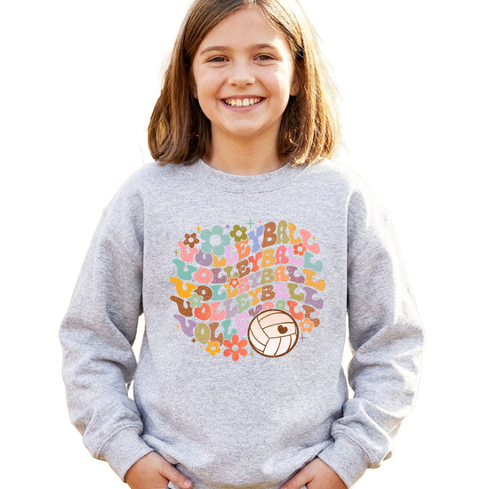 Retro floral volleyball sweatshirt, gray, youth — image 2 (YG2)