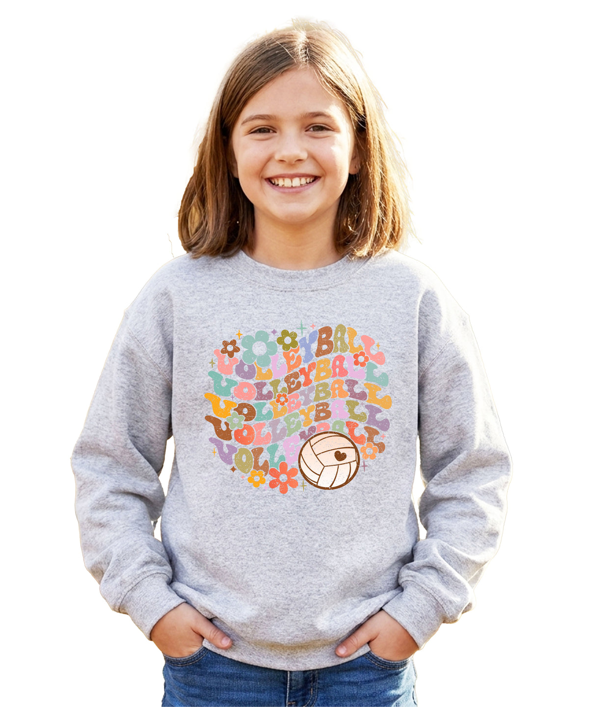 Retro floral volleyball sweatshirt, gray, youth — image 2 (YG2)