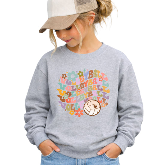 Retro floral volleyball sweatshirt, gray, youth — image 3 (YG3)